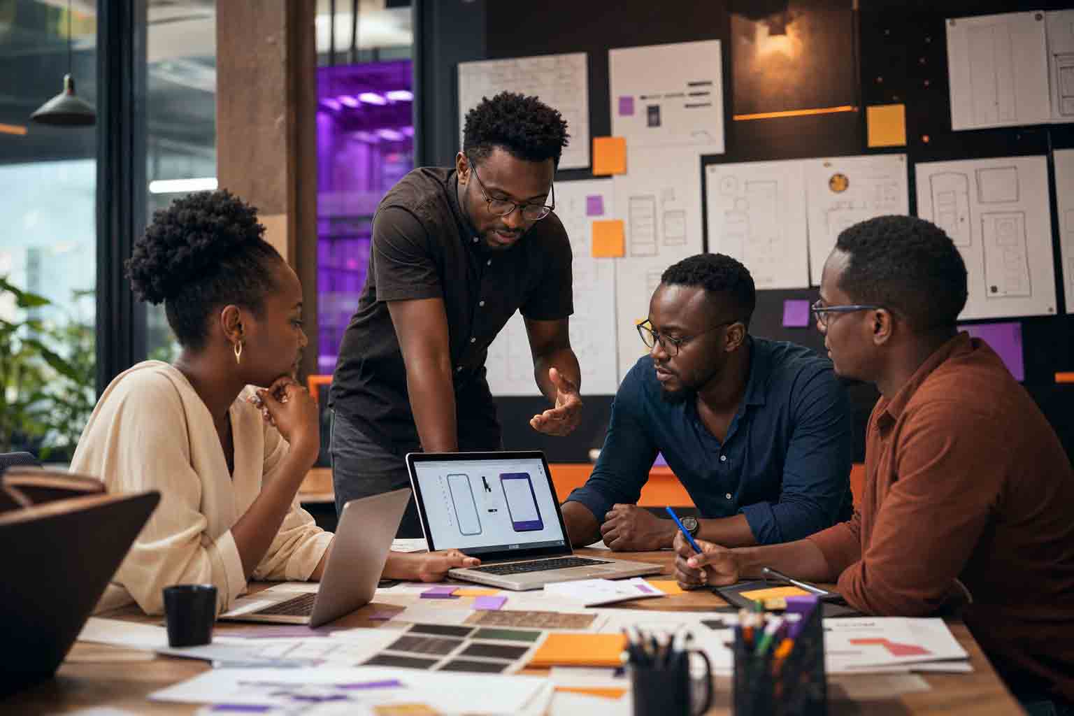 Ghanaian AI product team collaborating around a prototype